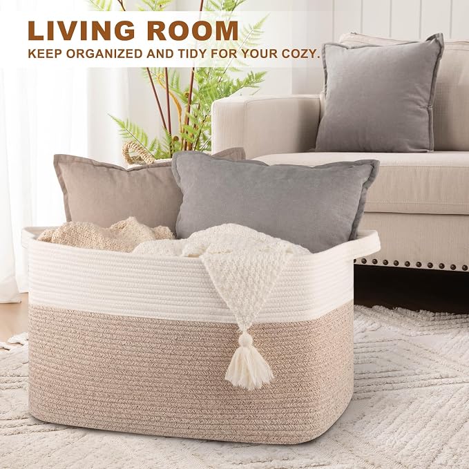 Extra Large Laundry Basket, 95L Blanket Basket for Living Room, Cotton Rope Toy Storage for Kids, Woven Baskets for Clothes, Towels, Pillows, 24" x 17" x 14", Brown and White