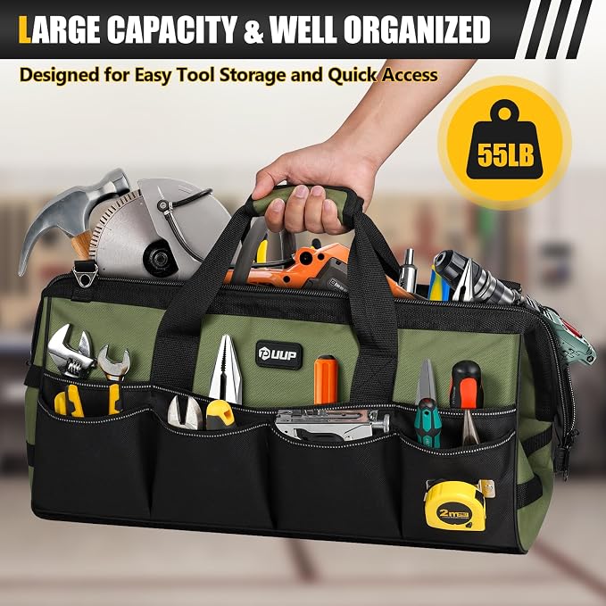 UUP Tool Bag Extra Large 20", Heavy Duty Spacious Tool Box Organizer, Green | 16 Pockets & MOLLE. Detachable Strap & Handle. Non-slip Base, Metal Buckle. 30lb Holds Drill/Tool on Truck, Garage, Men Gift.