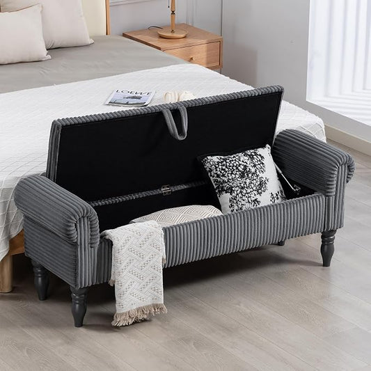 60" Corduroy Storage Bench, Queen End of Bed, Grey | Corduroy Upholstered, Bedroom/Entryway/Closet, Storage Ottoman Bench, Window Seat, Lift-Top, Tufted Button, Solid Wood Legs.