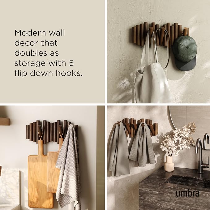 Umbra Picket Coat Rack, Wall Mount 5 Flip-Down Coat Hooks, Walnut | Beveled pine wood dowels, supports up to 5 lbs, mounting hardware included, space saving