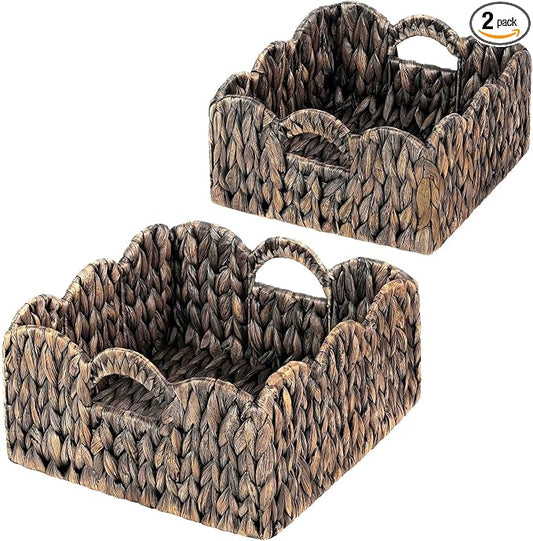 Scalloped Baskets (Natural-Set of 2) Basket Living Room Organizer, Water Hyacinth Baskets For Decor, Woven Basket Boho Style for Bathroom, Bedroom, Laundr,...Iron Frame.