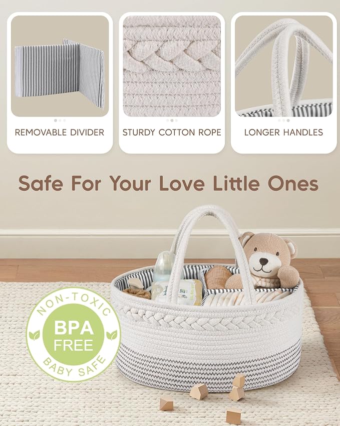 Maliton Baby Diaper Caddy Organizer, Cotton Rope Diaper Caddy Basket, Large Storage Basket for Newborn Boys and Girls, Gift for Baby Shower List, Newborn Essentials | 100% Cotton Rope Baby Caddy, Soft Yet Structured, Nursery, Car & Camping Use, Keeps B...