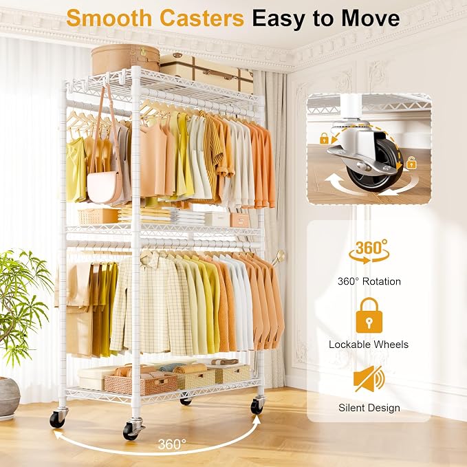 P5 Rolling Clothes Rack, Clothing Racks for Hanging Clothes, White | Heavy Duty Garment Rack with Wheels, 3-Tier Shelves, Portable Closet Racks 39.4'' W × 20.5'' D × 80.5'' H, Max Load 650 Lbs
