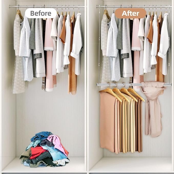STORAGE MANIAC Hanging Closet Rod, Adjustable Width and Height Closet Hanging Organizer, Space-Saving Clothes Hanging Bar, Closet Extender Hanging Rod Double Closet Hanging Rod, 1 Pack Chrome