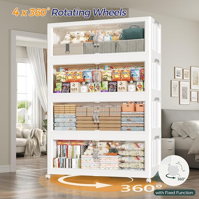 960QT Extra Large Stackable Storage Bins with Lid, 240Gal Plastic Closet Organizers and Storage Drawer, Collapsible Cabinet Box with Wheels Clear Doors for Home Kitchen Garage, 6Pack White