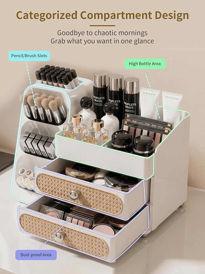 Booklov Large Makeup Organizer for Vanity Countertop, White | Plastic Cosmetic Display Case with Drawers, Beauty Brush Holder for Bathroom Counter, Skin Care Perfumes Storage