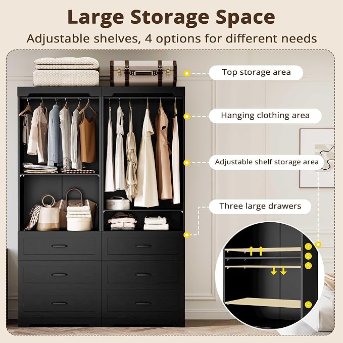 IRONCK Freestanding Closet System with Adjustable Shelves & 3 Drawers | Closet Organizer with Hanging Rod, Ideal for Bedrooms, Apartments and Small Closet Storage
