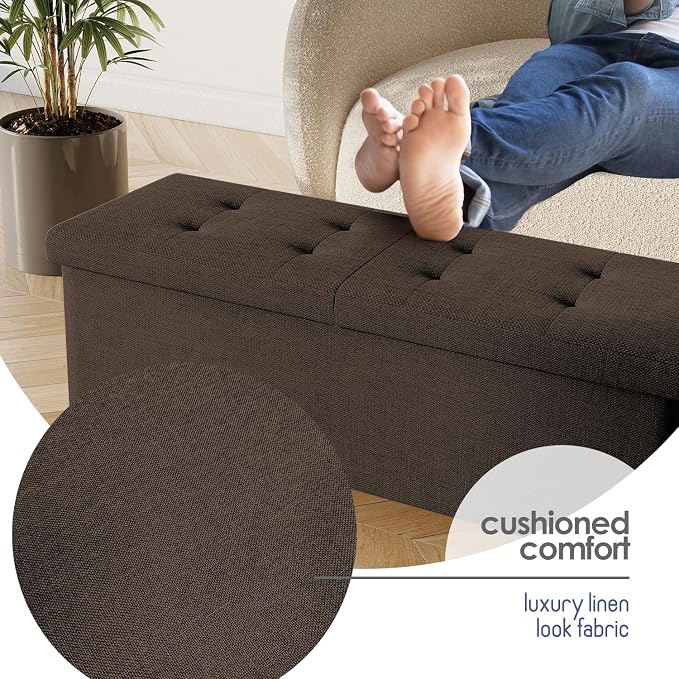 Storage Ottoman Bench with Bins, 43-in Storage Bench for Bedroom End of Bed, Folding Foot Rest Ottoman for Living Room Max 660lbs, Fabric Ottomans, Brown