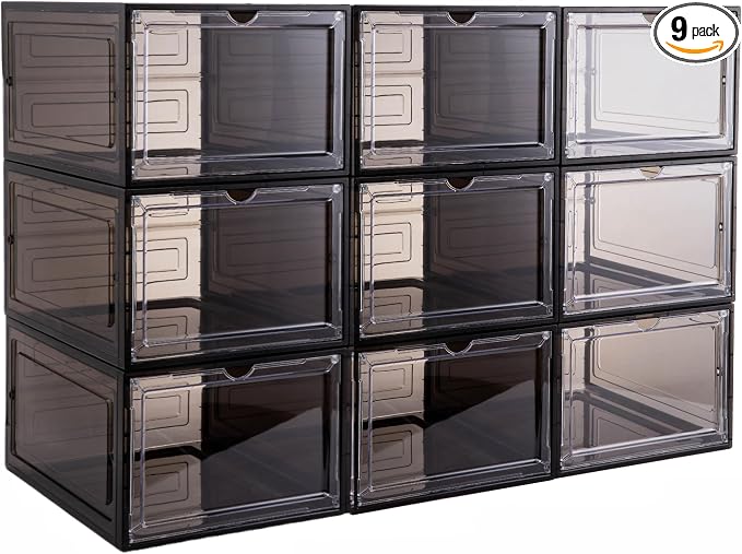 Attelite Clear Shoe Storage Boxes Stackable Shoe Organizer,Black,9Pack | Shoe Box for Entryway Closet,Drop Front Shoe Box X-Large,Thicken & Sturdy Plastic,Magnetic Door,Easy Assembly Shoe Cabinet