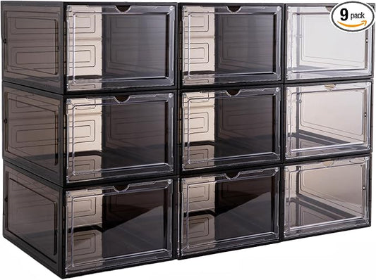 Attelite Clear Shoe Storage Boxes Stackable Shoe Organizer,Black,9Pack | Shoe Box for Entryway Closet,Drop Front Shoe Box X-Large,Thicken & Sturdy Plastic,Magnetic Door,Easy Assembly Shoe Cabinet