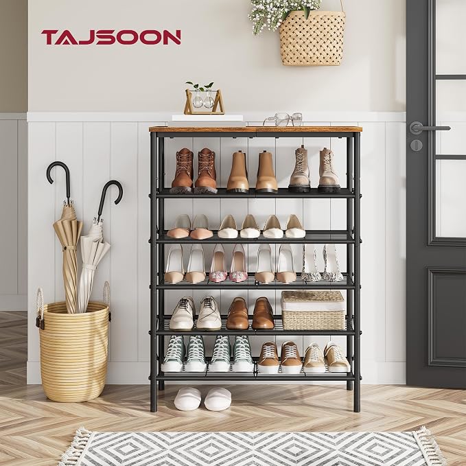 6 Tier Shoe Rack for 20-24 Pairs of Shoes, Rustic Brown & Black | Sturdy & Durable, X Shape Fixed Frame, Metal Mesh Shoe Shelf, Industrial, For Closet, For Entryway Shoe Storage