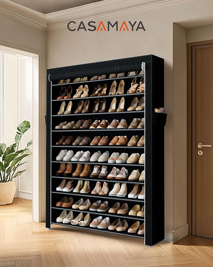 CASAMAYA Shoe Rack with Covers, 10 Tiers Tall Shoe Rack Organizer, Large Capacity Shoe Shelf Storage, Hold 50 Pairs of Shoes, Vertical Shoe Storage Organizer for Closet, Entryway, Black, SRT105B01