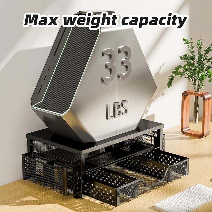 Simple Trending 2-Tier Monitor Stand Riser, Desk Organizer, Drawer, Black | Laptop & Printer Stand, Desktop Organizer, Drawer & 2 Pen Holders, Sturdy Material, for Home Office, 16"W x 10"D x 5.8"H