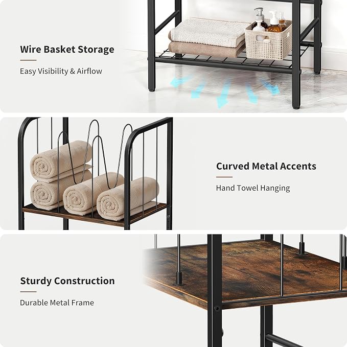 3-Tier Towel Rack, Freestanding Bathroom Storage | Sturdy Metal Frame, Wood Shelves, Wire Basket, Curved Towel Bar, Space-Saving Vertical Organizer for Bathroom, Laundry & Pool