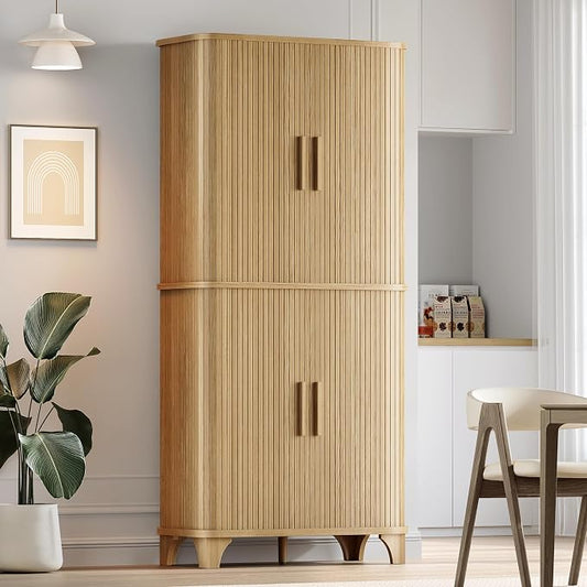 Decofy 69" Tall Kitchen Pantry Storage Cabinet with Sliding Door, Modern Curved Edge Pantry Storage Cabinet with 5 Shelves, Cupboard for the Kitchen, Dining Room, Bedroom, Living Room, Office (Oak)