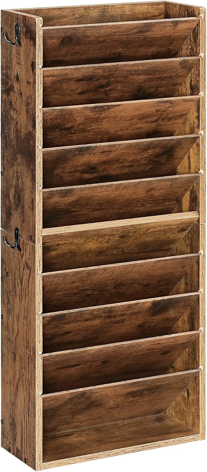 CHOEZON Wall File Organizer, 10-Tier Hanging Mail Organizer, Wall Mount File Holder with 4 Side Hooks, Mail and Storage Organizer, Wooden Vertical Hanging Holder for Office, Rustic Brown MWJ03FG