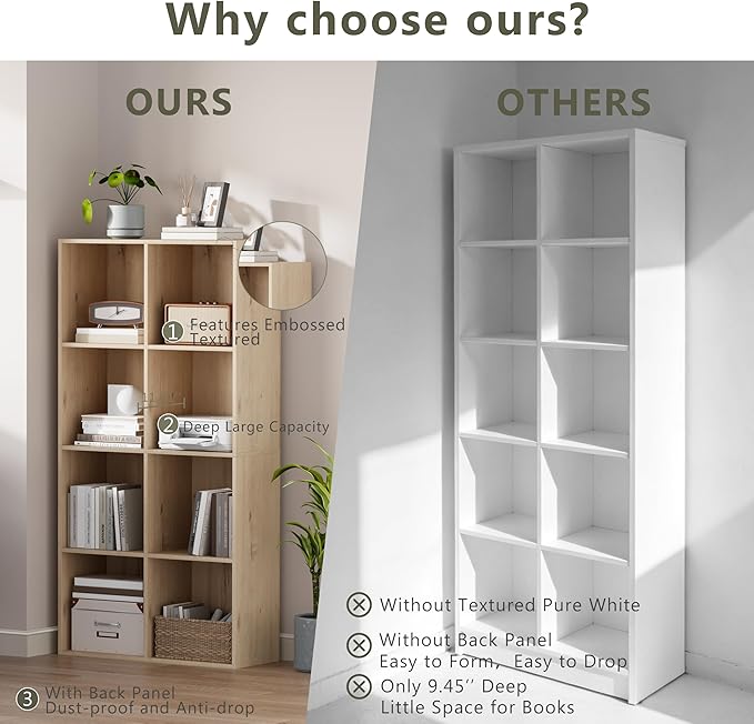 VDNEND Wooden Storage Organizer with Closed Back Panel, 11in Cube Shelf Opening, Bookshelf, Display Shelf,Closet Cabinet for Home and Office (White Oak, 8-Cube 47.8L*9.45W*24.09H)