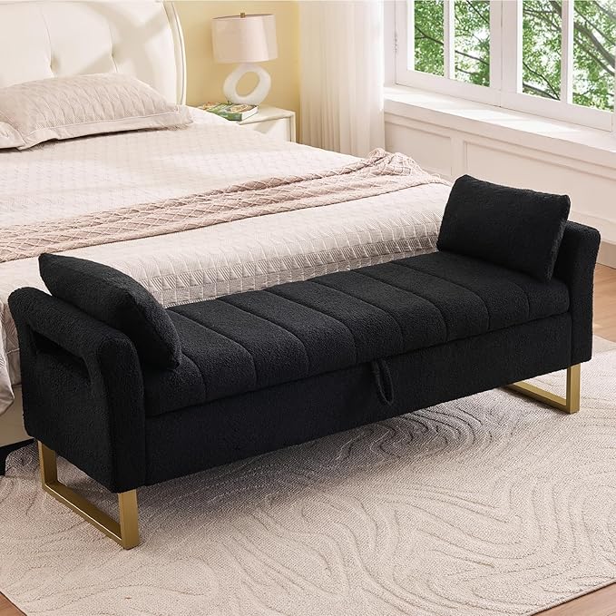 66" Storage Bench for Bedroom Upholstered End of Bed Bench King Size Black | Long Bedroom Benches for Foot of Bed King,Teddy Storage Bed Bench with Gold Legs,2 Pillows for Entryway Windows Cloakroom