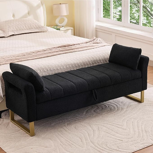 66" Storage Bench for Bedroom Upholstered End of Bed Bench King Size Black | Long Bedroom Benches for Foot of Bed King,Teddy Storage Bed Bench with Gold Legs,2 Pillows for Entryway Windows Cloakroom