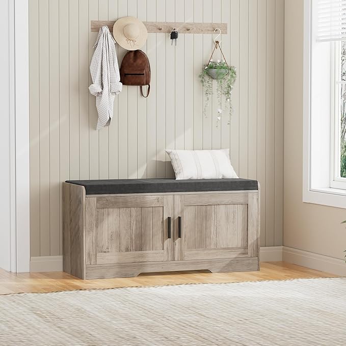 Homleke Shoe Storage Bench, 2 Doors & Thickened Padded Seat Cushion | 2-Tier Shoe Bench, Entryway Bench, Adjustable Shelf, 13.8" D x 37.4" W x 18.5" H, for Living Room, Bedroom, Greige