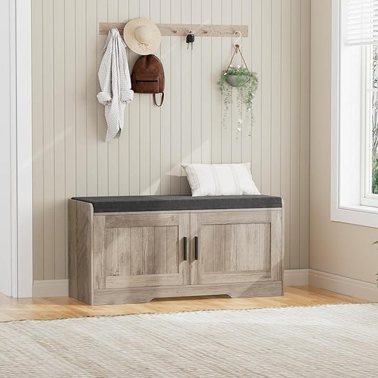 Homleke Shoe Storage Bench, 2 Doors & Thickened Padded Seat Cushion | 2-Tier Shoe Bench, Entryway Bench, Adjustable Shelf, 13.8" D x 37.4" W x 18.5" H, for Living Room, Bedroom, Greige
