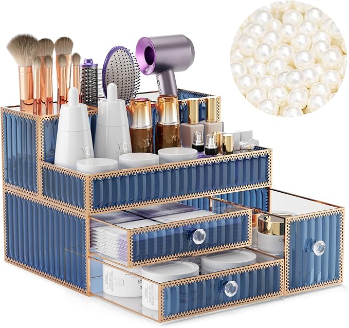 Youdepot Blue Tempered Glass Makeup Organizer | Vanity Organizer for Cosmetics, Skincare, Hair Tools, Brushes, Perfume, Multipurpose Bathroom Counter Skincare Organizer