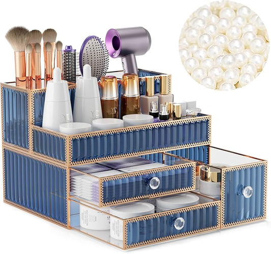 Youdepot Blue Tempered Glass Makeup Organizer | Vanity Organizer for Cosmetics, Skincare, Hair Tools, Brushes, Perfume, Multipurpose Bathroom Counter Skincare Organizer
