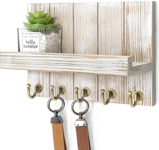 Rebee Vision Key Holder Wall Mount with Shelf for Home Decor, Natural Wood | 3.54" x 10" x 7.28", Key Holder for Wall, Mail Organizer, Small Floating Shelf, Room Decor Apartment Storage Accent