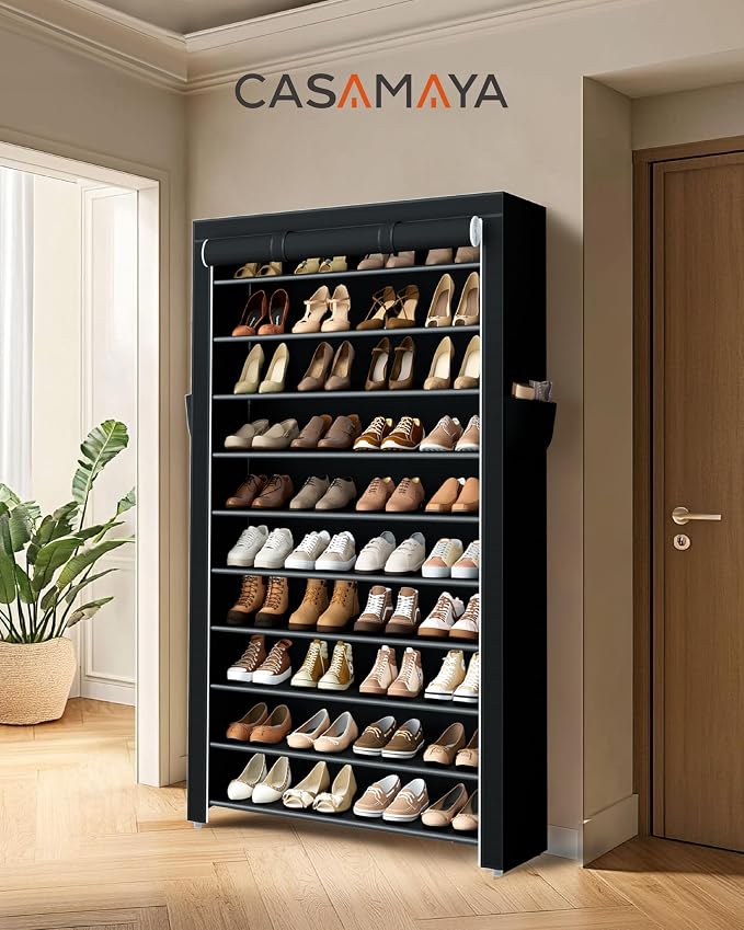 CASAMAYA Shoe Rack with Covers, 10 Tiers Tall Shoe Rack Organizer, Large Capacity Shoe Shelf Storage, Hold 40 Pairs of Shoes, Vertical Shoe Storage Organizer for Closet, Entryway, Black, SRT104B01
