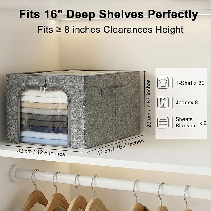 GoMaihe Baby Clothes Storage Bins with Metal Frame 27L 3-Pack Grey | Kids Toddler Child Clothing & Towels Small Items, Closet Top Shelf Boxes, Collapse-Proof Stackable, Clear Window Dual Access