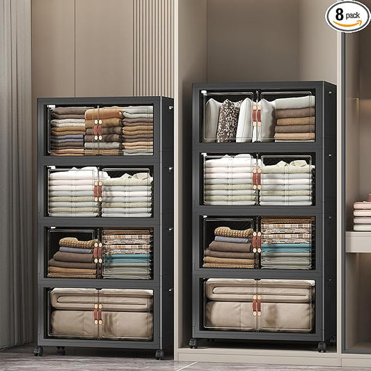 UAMFURI Stackable Storage Bins, 896QT Collapsible Drawers with 2 Lids | Large Capacity, Magnetic Door, Stack Lock, Rolling Wheels, Foldable Design, Organizers and Storage for Bedroom Dorm Garage