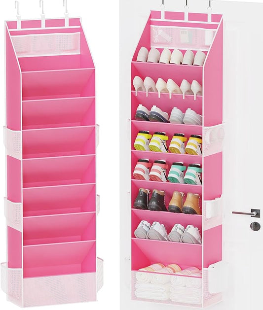 Shoe Storage, Over the Door Shoe Organizer, Hanging Closet Shoe Storage with Large Deep Pockets, Fits 16–24 Pairs of Sneakers, Sandals, Boots, Pink