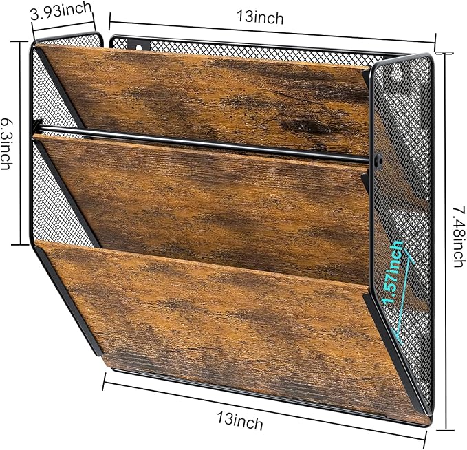 Wall File Organizer for Office, 3-Tier Rustic Hanging File holder Wall Storage Rack for Documents/Magazine/Literature/File Folders/Mails/Envelopes, Brown