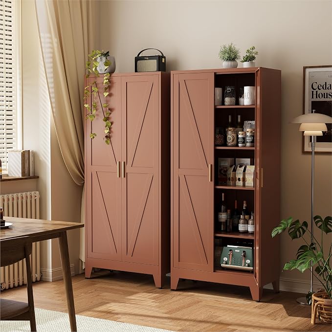 COFaR 71" Metal Pantry Cabinet in Brown, 5-Tier Storage with Adjustable Shelves, Metal-Tone Cupboard for Kitchen, Office & Living Room Organization
