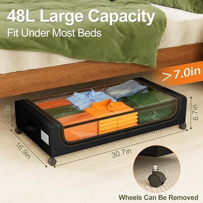 GoMaihe Under Bed Storage with Wheels 48L Black 2-Pack | Rolling Rangement Vetement sous le Lit - Containers for Clothes Shoes in Bedroom - Easy Pull-out