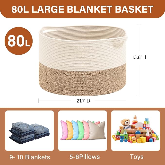 Foldable Laundry Hamper Basket with Collapsible Handle Cotton Rope Soft Woven Fabric Storage Organizer Clothes Toys Nursery Bedroom Dorm Space Saving Bin (White & Brown, 80L(21.7"D x 13.8"H))