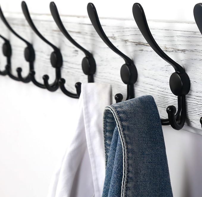 Coat Rack Wall - Heavy-Duty 38-1/4" Long, with Reinforced 10 Custom Tri-Hooks, Solid Wood Wall Hanger for Coats Hat Jackets - Rustic Farmhouse Entryway Hallway Storage, White & Black
