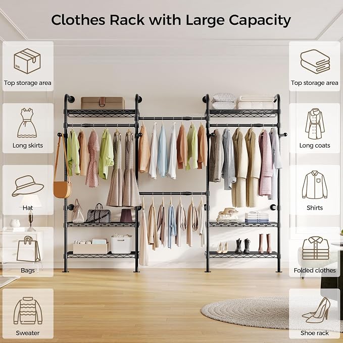 Closet Organizers and Storage, 3-Row Heavy Duty Garment Rack Clothes Rack for Hanging Clothes, Wall Mounted Closet System with 4 Telescopic Rods, 4 Hooks, 6 Shelves for Wardrobe, Bedroom, Small Space