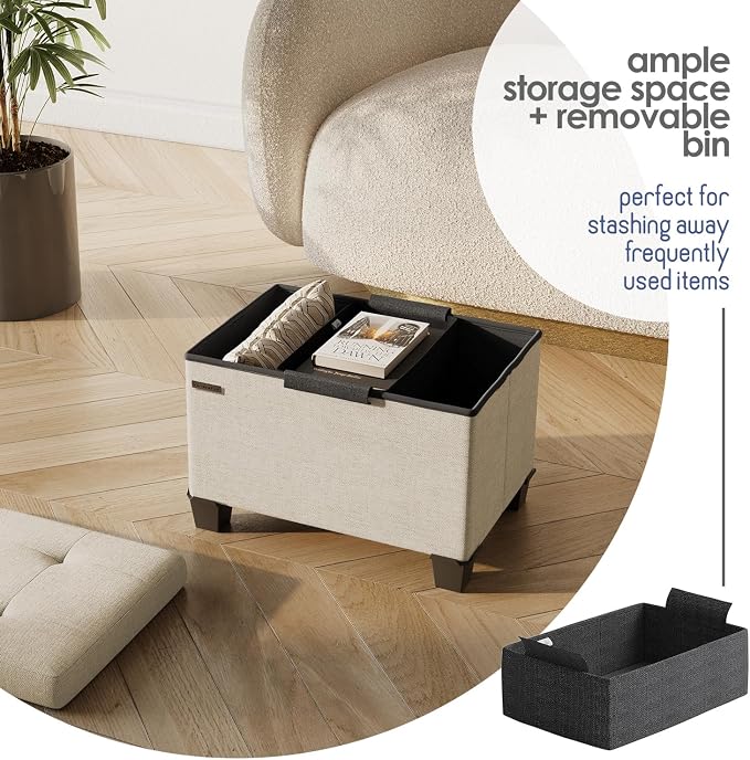 Storage Ottoman Cube with Small Bin, 16-in Square Ottoman with Storage for Living Room and Bedroom, Small Ottomans Foot Rest, Fabric Foot Stools Ottomans Max 330lbs, Beige