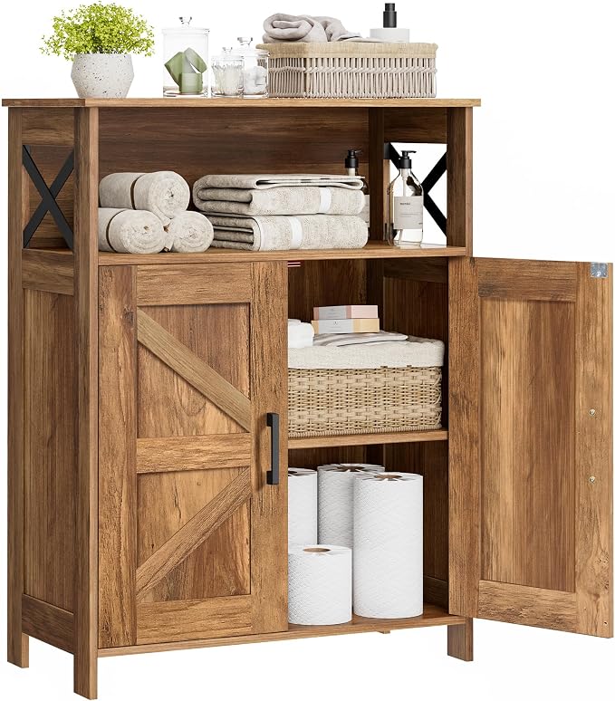 Homhedy Farmhouse Bathroom Storage Cabinet with Doors, Small Floor Cabinet | Toilet Paper Cabinet with Adjustable Shelf, Freestanding Storage Cabinet for Kitchen/Laundry/Living Room, 24"W, Rustic Walnut