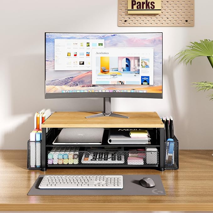 OPNICE Desk Organizers and Accessories, Computer Monitor Stand Riser with Drawer and 2 Pen Holders, Printer & Laptop Stand, Office Desk Accessories & Workspace Organizers for Home Office Supplies, Oak