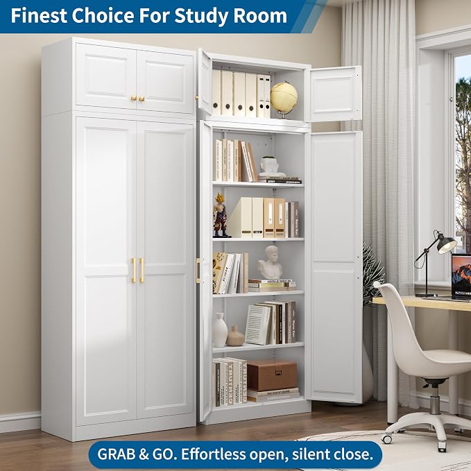 86" Tall Metal Kitchen Pantry Storage Cabinet with Doors | White Freestanding Heavy Duty Steel Cupboard, 4 Adjustable Shelves, Extra Large Organizer for Home and Garage (2 Boxes)