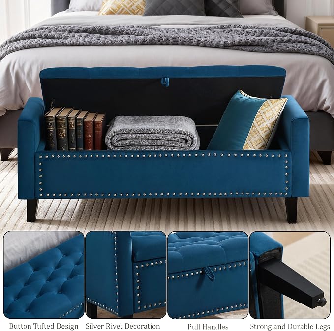 47in Velvet Storage Ottoman Bench with Arms, Upholstered Storage Bench with Wooden Legs, Storage Bench for Bedroom, Living Room, Entryway, Dark Blue