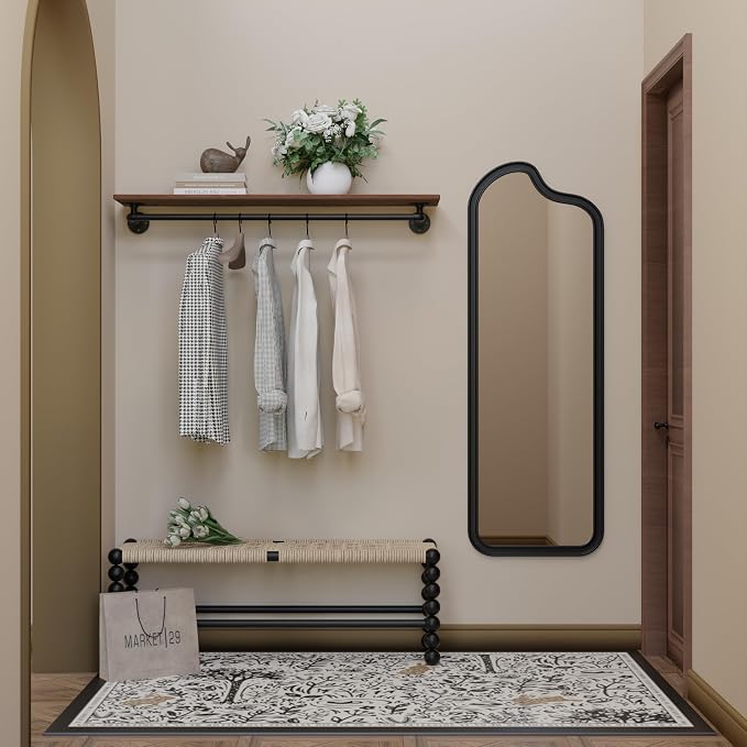 Clothes Rack 42in, Wall Mounted Garment Rack with Real Wood Shelf, Heavy Duty Hanging Clothes Rack, Multi-Purpose Hanging Rod, Space-Saving Closet Storage