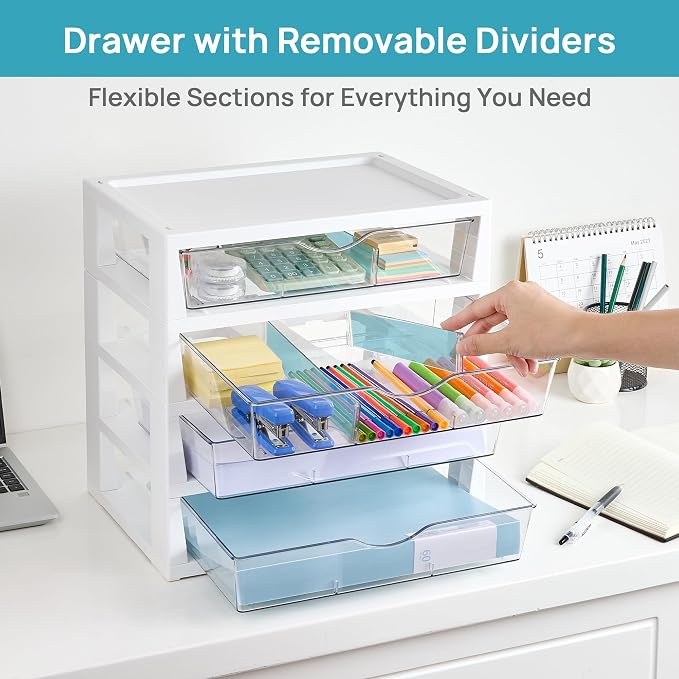Vtopmart Clear Desktop Organizer, 4-Tier Drawer Storage with Dividers
