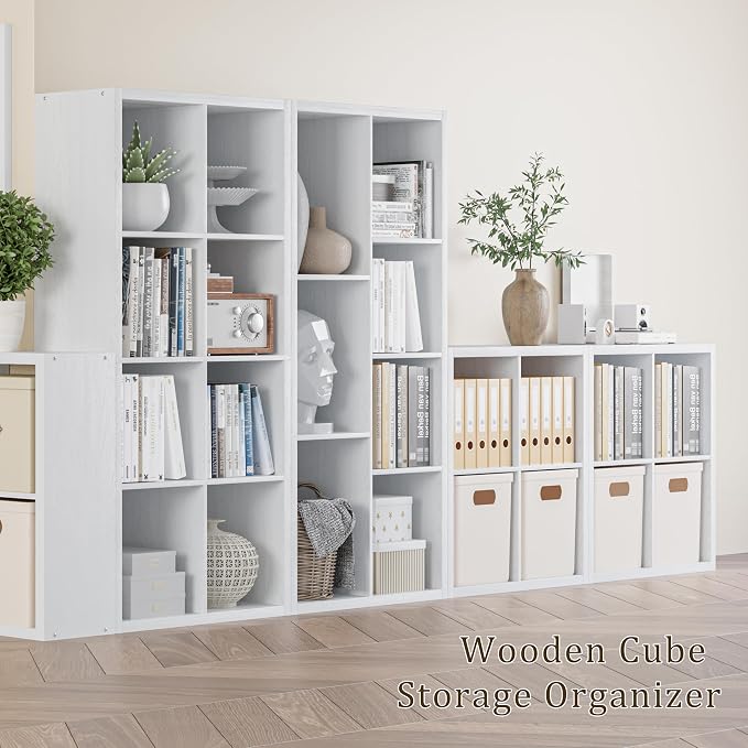 VDNEND Cube Storage Organizer Bookcase, Decorative 11 inch Open Back Cubical Shelf with Thickened Border, Display Bookshelf for Living Room, Home Office, Sturdy Room (White, 8 Cube)