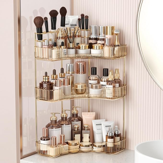 BEFSOP Corner Bathroom Counter Organizer, Upgraded 3-Tier Makeup Organizer Countertop with Makeup Brush Holder, Skincare Exquisite Vanity Organizers Countertop Bathroom Storage Dresser(GOLD)