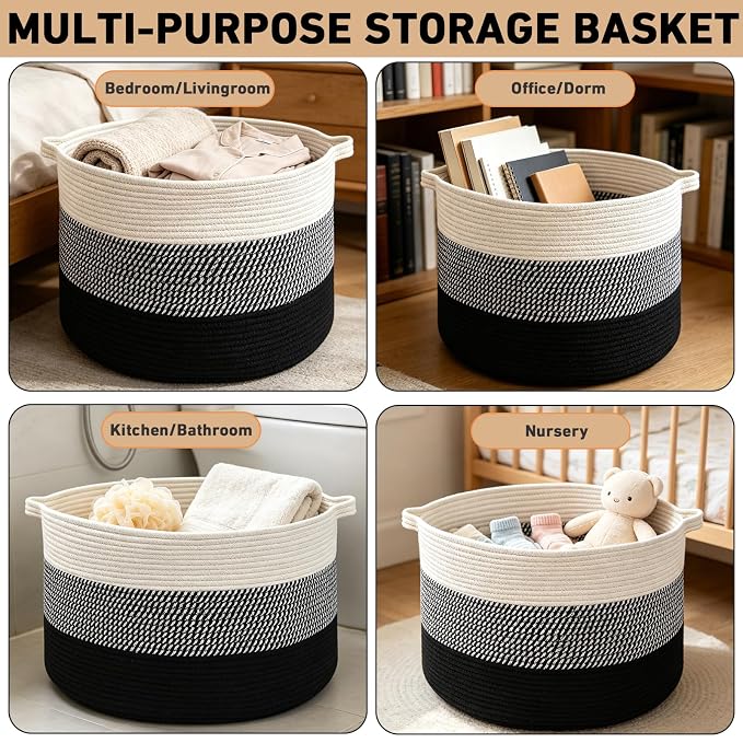 90L Extra Large Blanket Basket,Woven Laundry Basket-Mixed Black | Collapsible Nursery Storage Bin with Sturdy Handles, Organizes Clothes, Toys and Pillows for Living Room, Bedroom, Bathroom