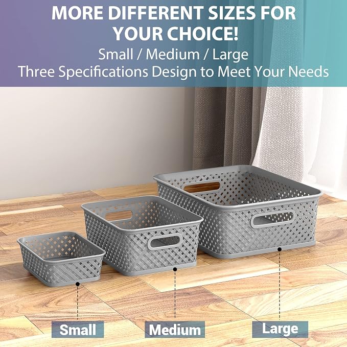 MaxGear 3 Pack Plastic Storage Baskets, Small, Grey | Durable Woven Plastic with Built-In Handles, Suitable for Shelves, Closets, Cabinets, Bathrooms and Offices