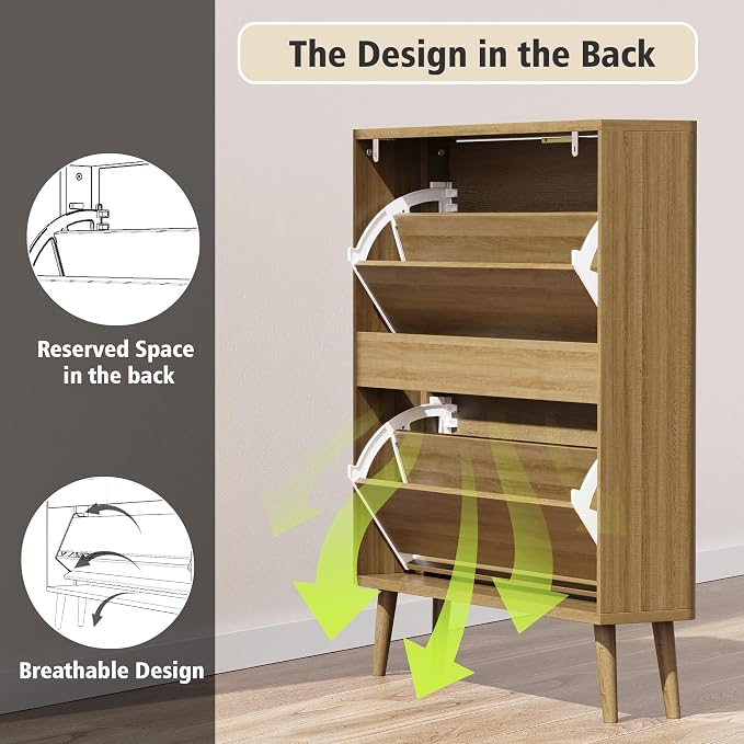 KIGOTY Narrow Shoe Storage Cabinet, Shoe Cabinet with 2 Flip Drawers, Freestanding Shoe Organizer with Legs for Entryway, Slim Shoe Rack Cabinet for Enterway (Light Brown, 2 Flip Drawer)
